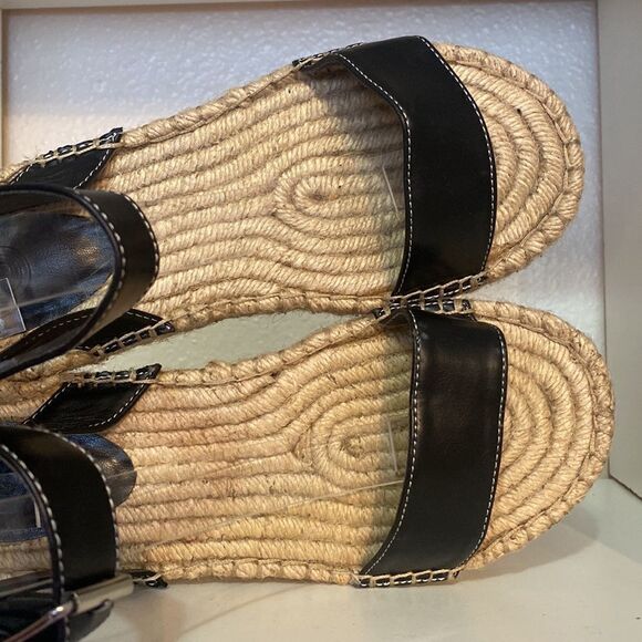 Urban Outfitters Black Leather Espadrille Sandals Ankle Strap Jute Sole Summer - Picture 9 of 14
